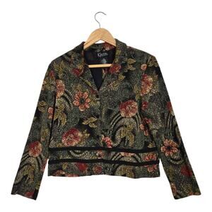 VTG K Petite Collection Jacket Sz 12P Green Multi Floral Button Front Open Back